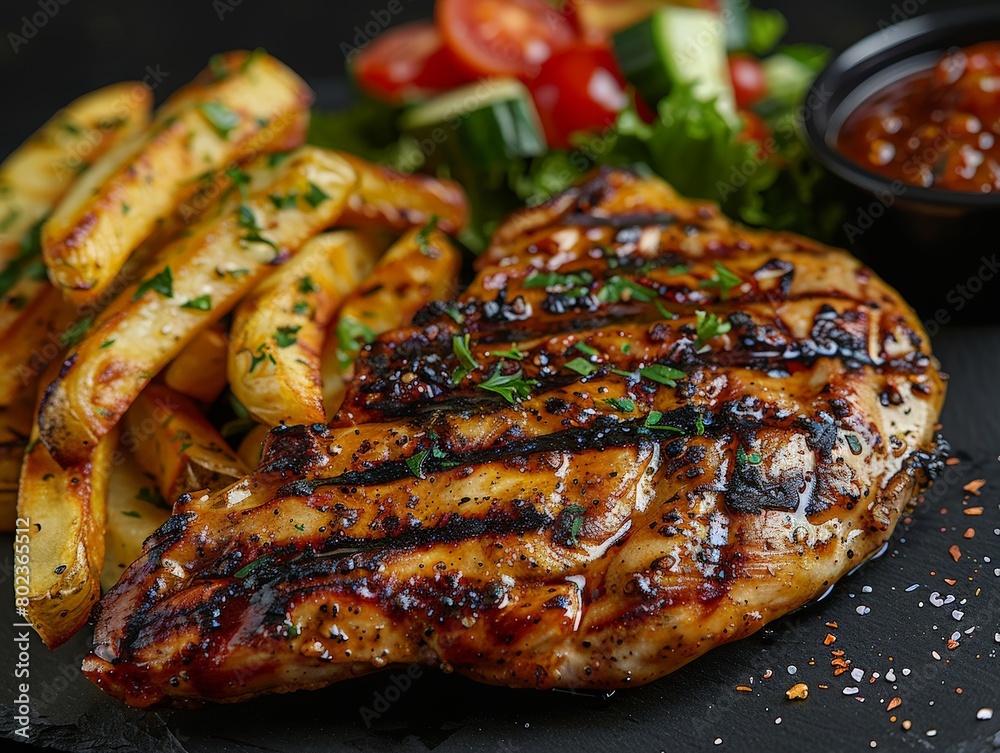 Close Up of Grilled Chicken Chop With French Fries Close Up of Grilled Chicken Chop With French Fries