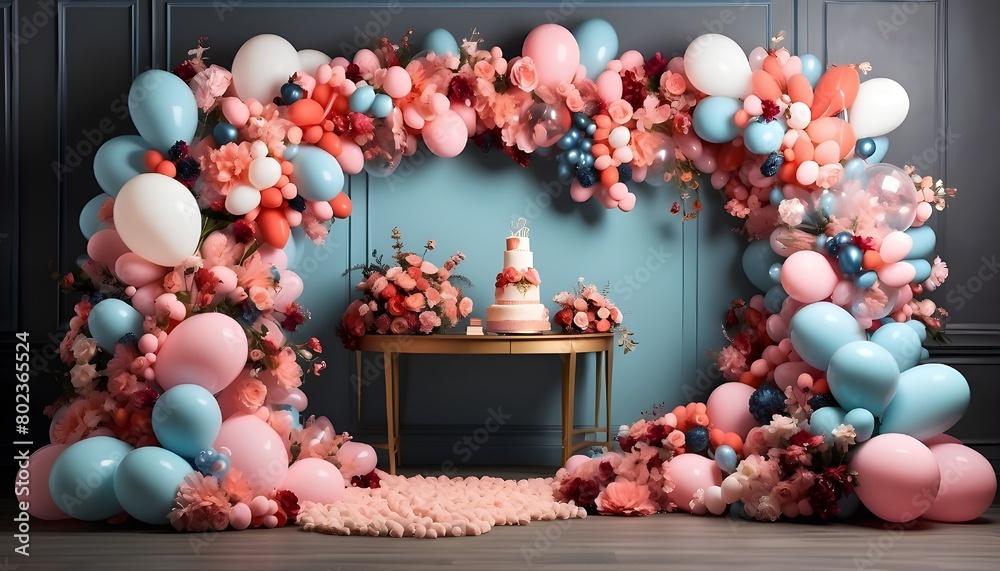 Elevate your event with a lavish and creative photo wall, adorned with an enchanting mix of balloons, flowers, and other stylish elements, perfect for birthdays, weddings, and holidays.