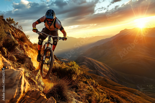 A man is riding a bike on a rocky mountain trail. The sun is setting in the background  casting a warm glow over the scene. The man is focused on his ride  navigating the rocky terrain with skill