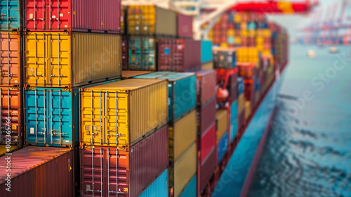 A close-up shot of a cargo ship's side, showing the texture and details of the stacked containers, with the port's bustling activity slightly blurred in the background, Generative AI