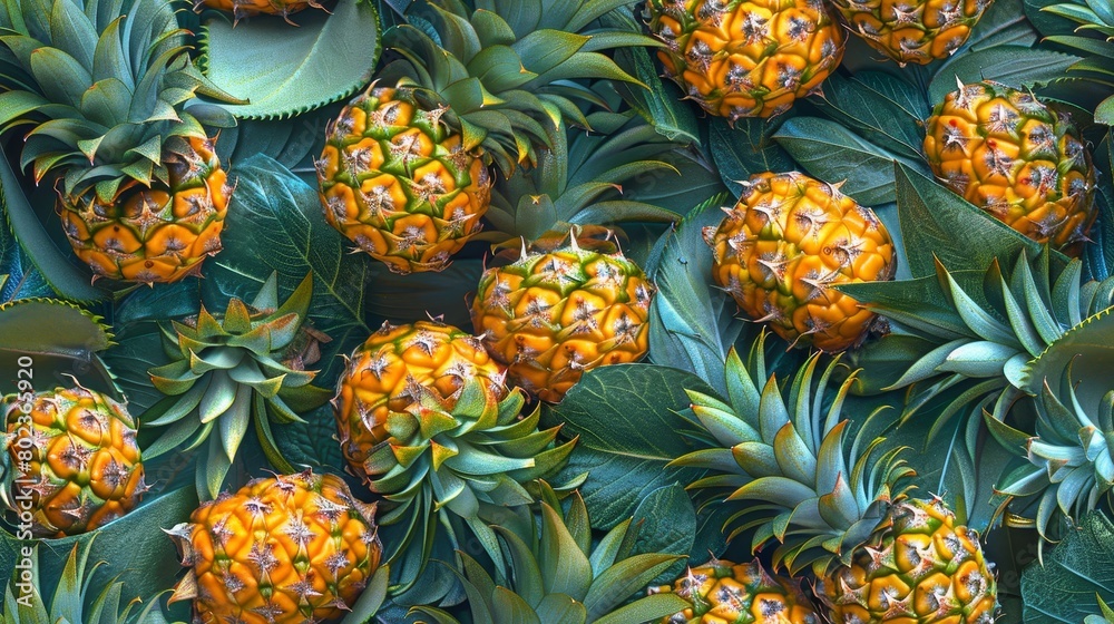 Fototapeta premium A close-up image of a pile of pineapples with green leaves.