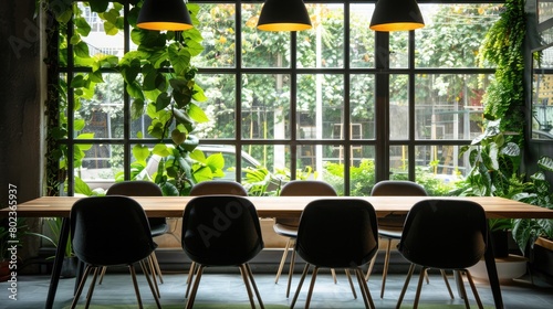 Conference empty room in a sustainable office space  large windows overlooking greenery or urban green spaces  environment concept  