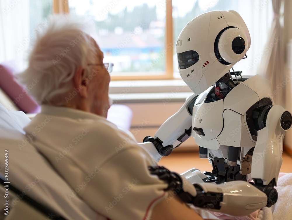 Future of geriatric care with robots in nursing homes. Innovative Personal Android Companion. Helping Senior Man with her Daily Life