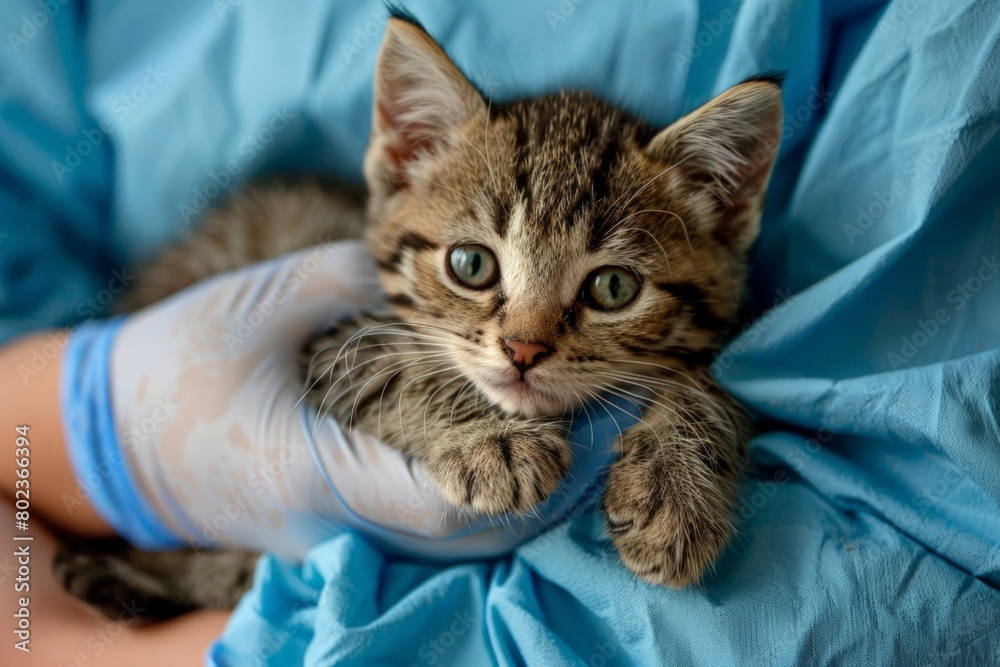 A veterinarians hands gently cradle a newborn kitten examining its tiny body for signs of health A veterinarians hands gently cradle a newborn kitten examining its tiny body for signs of health