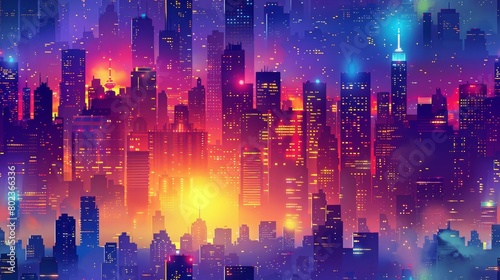 A stunning view of a futuristic city. The bright lights and tall buildings create a beautiful and vibrant scene.