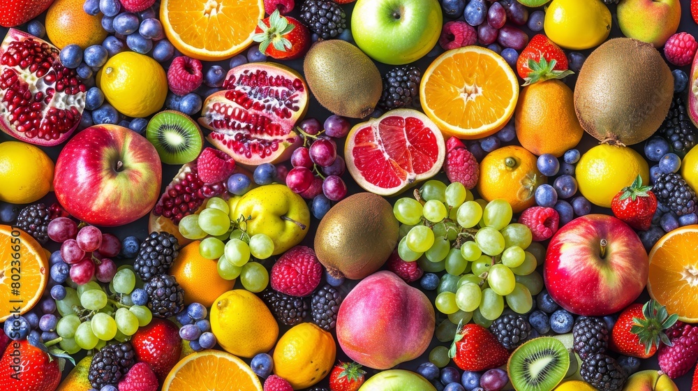 A variety of fresh and organic fruits, including apples, oranges, grapes, and berries, are on display. A variety of fresh and organic fruits, including apples, oranges, grapes, and berries, are on display.