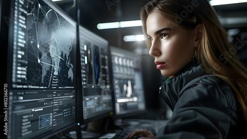 Woman in a dimly lit room using a computer for cybercrime. Concept Cybercrime, Dark Room, Criminal Activity, Digital Security, Illegal Profiling