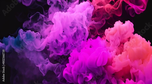 Generative AI illustration of magenta and pink fluffy pastel ink smoke cloud against black background 