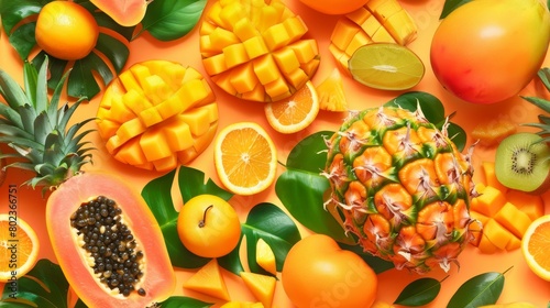 A variety of tropical fruits  including mango  pineapple  papaya  and orange.