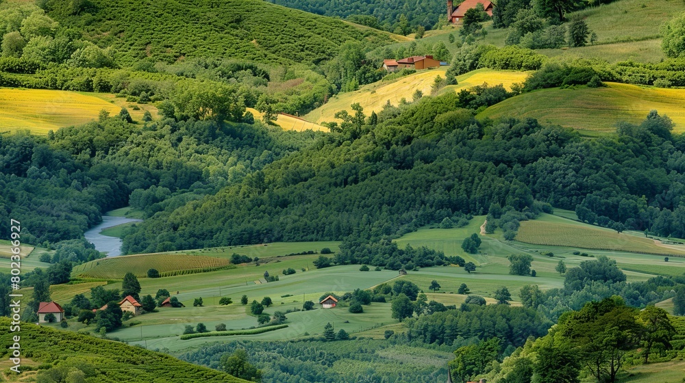 Obraz premium Amazing view of a green valley with a river running through it.