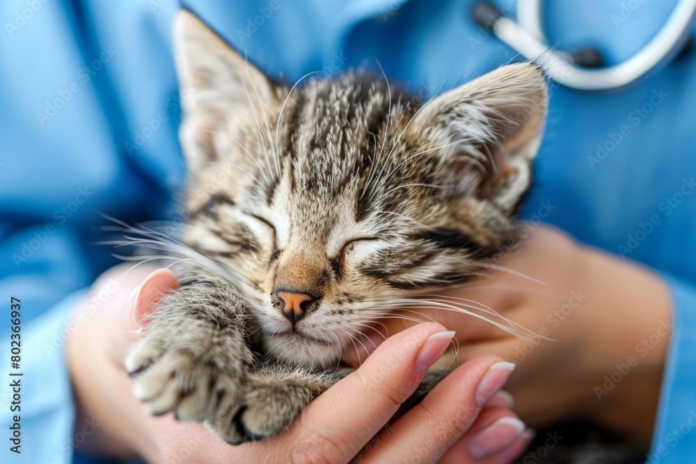 A veterinarians hands gently cradle a newborn kitten examining its tiny body for signs of health A veterinarians hands gently cradle a newborn kitten examining its tiny body for signs of health