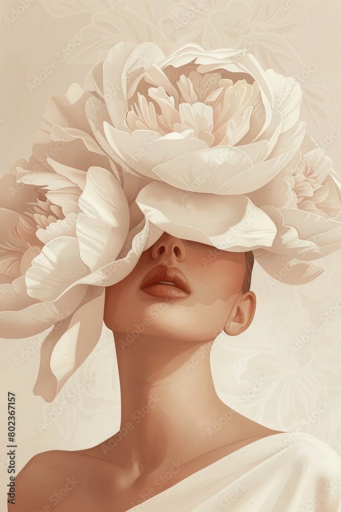 realistic Illustration of a beautiful woman with large peonies on her head. fashion beauty portrait, vertical