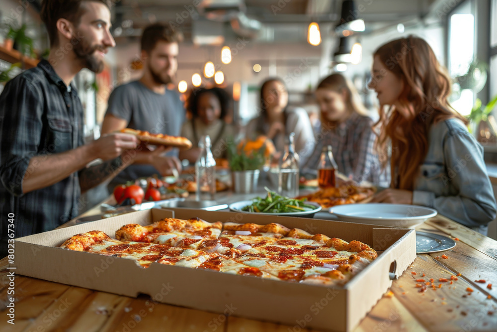 Diverse business office people group taking sharing pizza slices from box on table, staff employees team workers eating together enjoy lunch at work break, delivery service concept, close up view Diverse business office people group taking sharing pizza slices from box on table, staff employees team workers eating together enjoy lunch at work break, delivery service concept, close up view