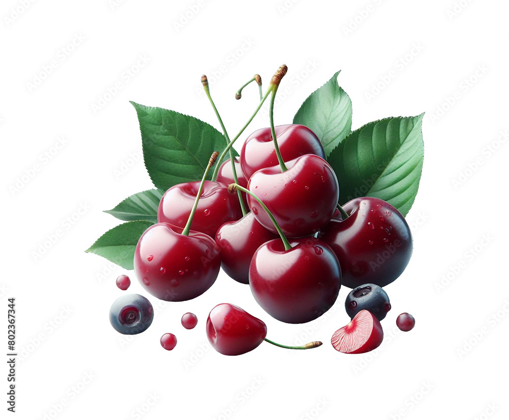 Obraz premium Fresh Cherry with leaves isolated on transparent background Ai generative.