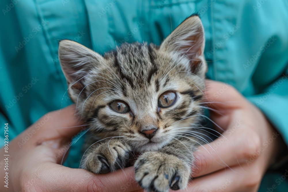 A veterinarian in a blue uniform gently cradles a kitten with heterochromia, symbolizing professional pet care A veterinarian in a blue uniform gently cradles a kitten with heterochromia, symbolizing professional pet care