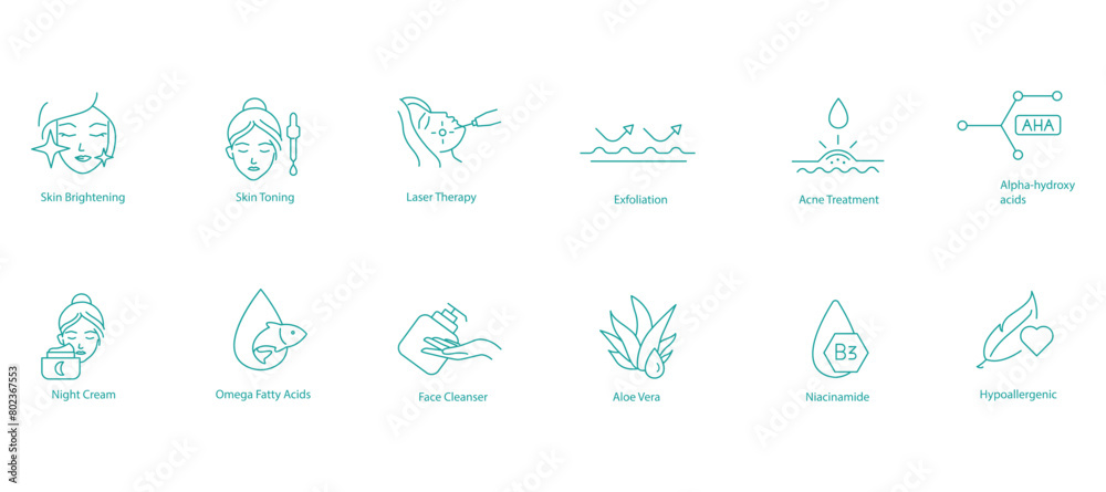 Skin Brightening, Skin Toning, Laser Resurfacing, Exfoliation, Acne Treatment, Alpha Hydroxy Acid, Night Cream, Omega Fatty Acid, Face Cleanser, Aloe Vera, Retinol, Niacinamide, Vector icons Skin Brightening, Skin Toning, Laser Resurfacing, Exfoliation, Acne Treatment, Alpha Hydroxy Acid, Night Cream, Omega Fatty Acid, Face Cleanser, Aloe Vera, Retinol, Niacinamide, Vector icons
