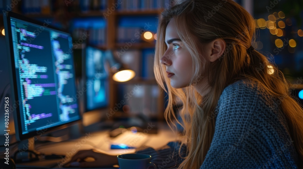 A Woman Programming at Night