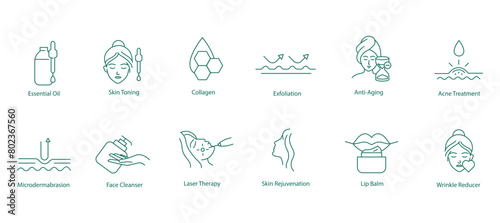 Essential Oil, Skin Toning, Collagen, Exfoliation, Anti-Aging, Acne Treatment, Microdermabrasion, Face Cleanser, Laser Resurfacing, Skin Rejuvenation, Lip Balm, Wrinkle Reduction Vector Icons Set