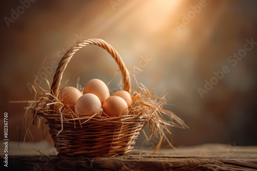 Soft, diffused shadows gently accentuate the warmth of the scene of wicker basket standing with straw, filled with fresh raw organic brown chicken eggs from a rural farm. Basket st photo