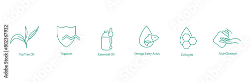 Tea Tree Oil, Peptide, Essential Oil, Omega Fatty Acid, Collagen, Face Cleanser Vector Icons Set