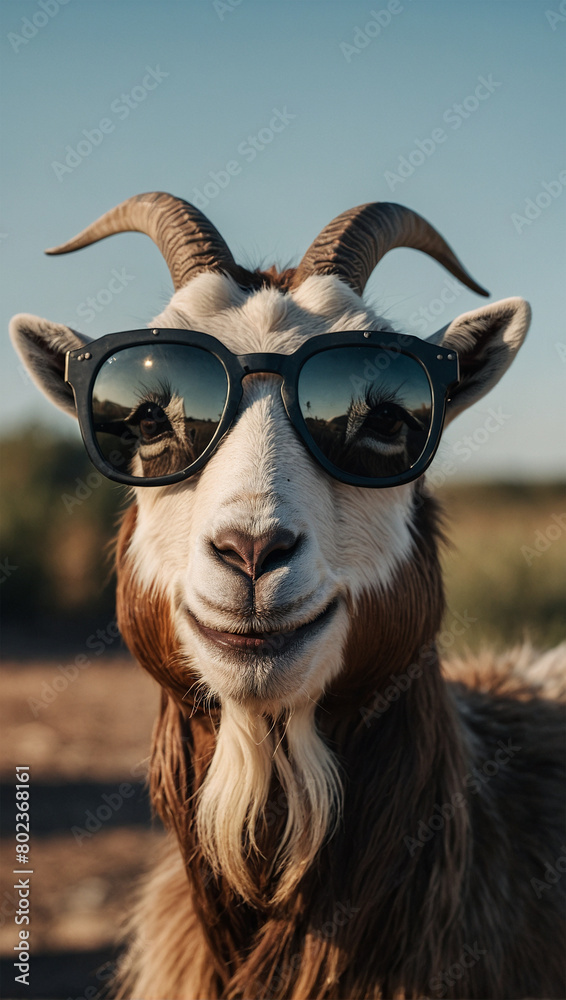 Image of a funny smiling goat's face wearing sunglasses 19