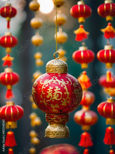 Vibrant Chinese New Year concept with red and gold decorations, symbolizing luck and prosperity for the Lunar Festival.