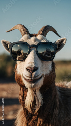 Image of a funny smiling goat's face wearing sunglasses 19