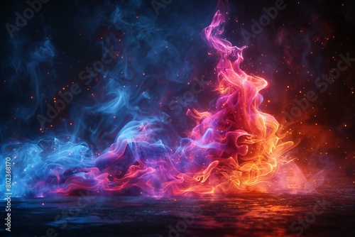 Fiery explosion of red and blue smoke on a black background