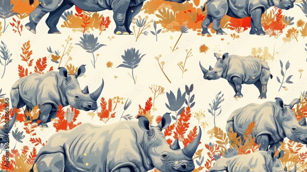 Obraz premium The image is a seamless pattern of blue and white rhinos in a field of orange and blue flowers and leaves