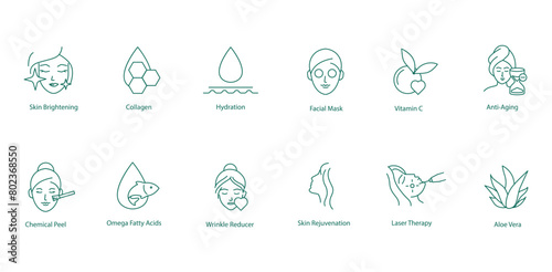 Skin Brightening, Collagen, Hydrating, Face Mask, Vitamin C, Anti-Aging, Chemical Peeling, Omega-3, Anti-Wrinkle, Skin Rejuvenation, Laser Treatment, Aloe Vera Vector Icons Set