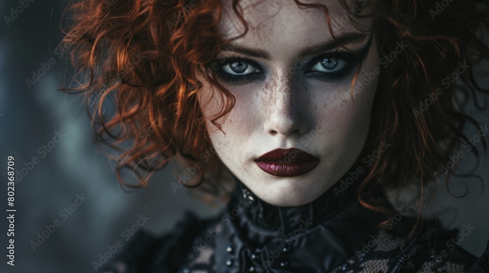Teen White Woman with Red Curly Hair Goth style Illustration. Teen White Woman with Red Curly Hair Goth style Illustration.