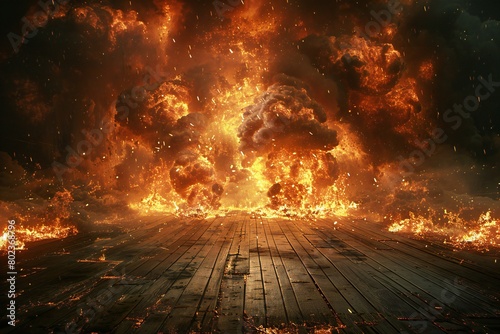Fiery explosion on wooden planks    render illustration