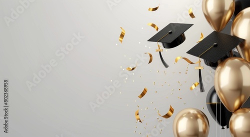 Black and white graduation caps with golden balloons flying on the right side of poster, celebration banner template design Generative AI photo
