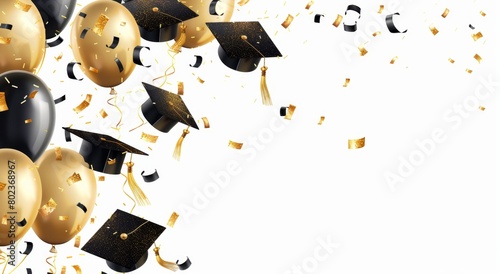 Falling black and gold graduation caps background with confetti and balloons on white background Generative AI