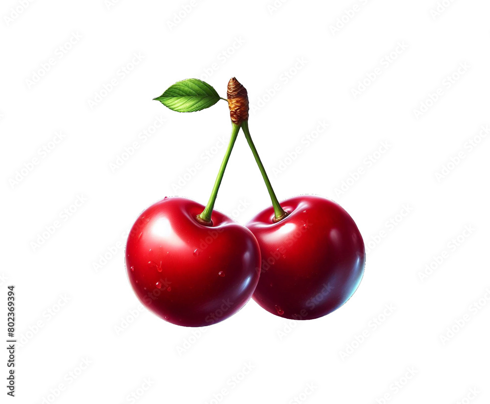 Two fresh red cherry isolated on transparent background Ai generative. Two fresh red cherry isolated on transparent background Ai generative.