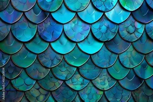 A luxurious background with a shimmering fish scale pattern in iridescent blues and greens, mimicking the beauty of mermaid tails. photo