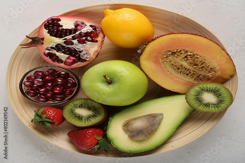 Flat lay composition with different fruits on white background. Banner design
