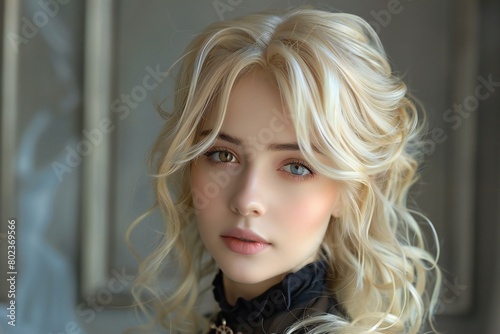 Portrait of a beautiful blonde girl with curly hair in the interior