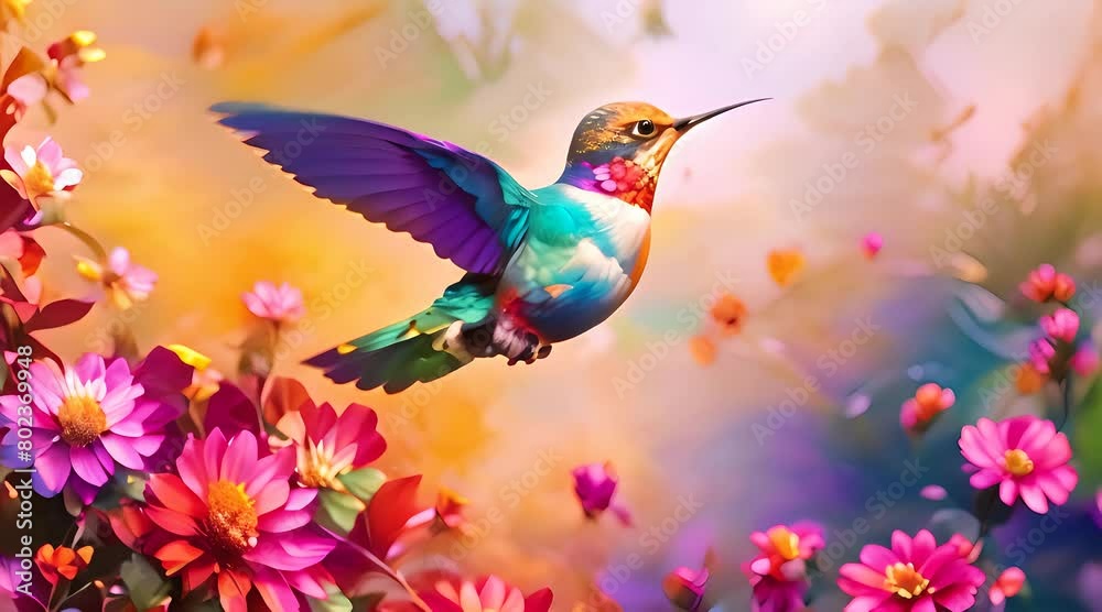 Colibri volant parmi les fleurs Colibri volant parmi les fleurs