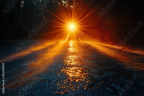 Sunset in the forest, Beautiful winter landscape with sun rays