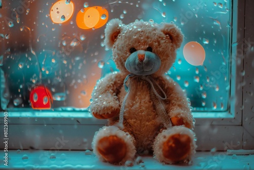 Teddy bear sitting on the windowsill with raindrops and garland