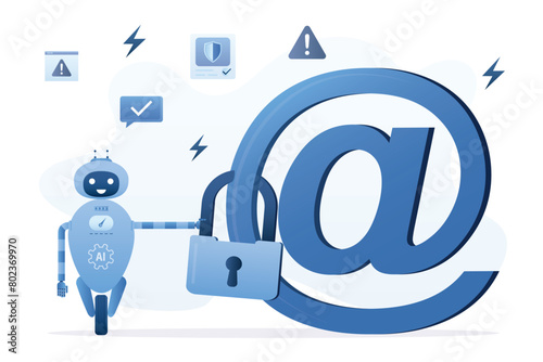 Safety system to defend cyber attack, spam or data leak, data encryption. Robot with artificial intelligence with padlock security on email symbol. Email security protection technology.