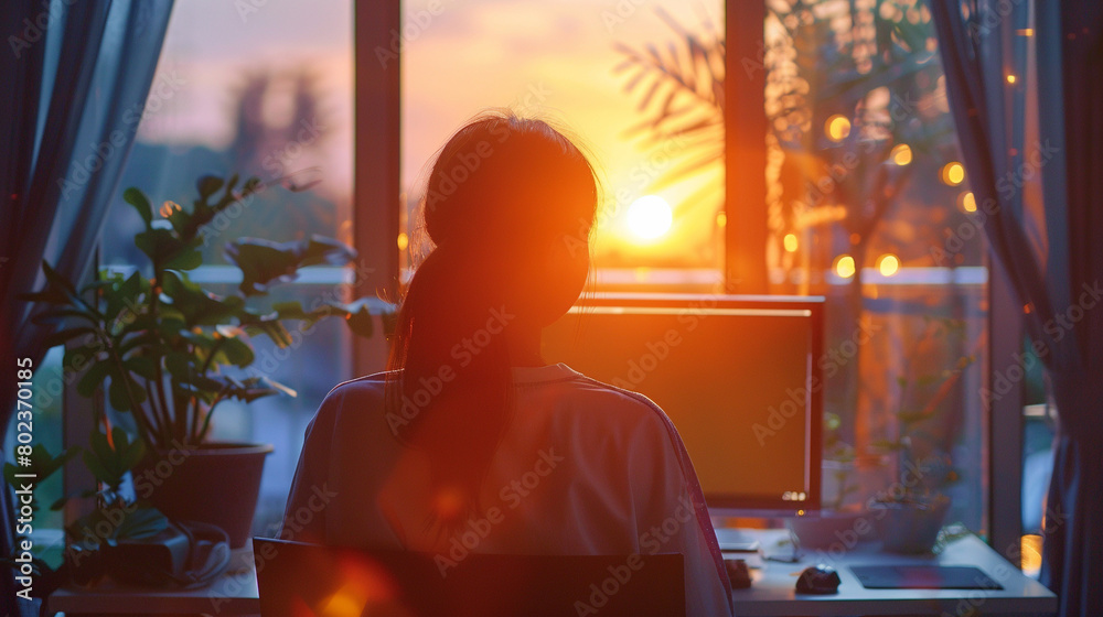 Asian Woman Freelancing at Home - Sunset Work by the Window Asian Woman Freelancing at Home - Sunset Work by the Window