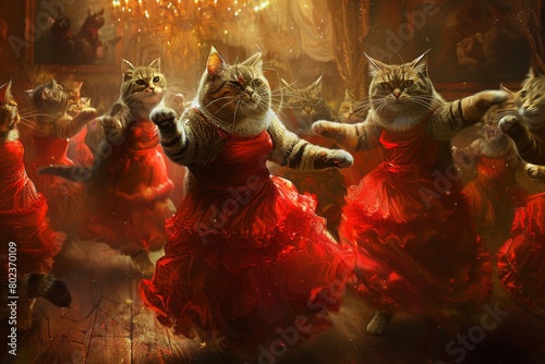 Painted Cats Dance Rumba, Cats Move Beautifully, Drawing Imitation, Abstract Generative AI Illustration