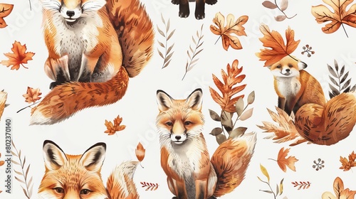 Watercolor illustration of cute red foxes with autumn leaves. Perfect for creating a cozy and inviting atmosphere in your home.