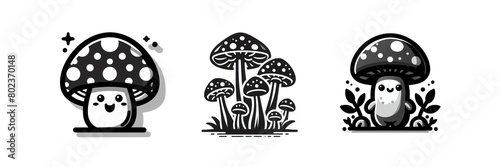 Set of Cartoon vector black & white mushrooms clipart, illustration, isolated over on transparent white background © Mithun
