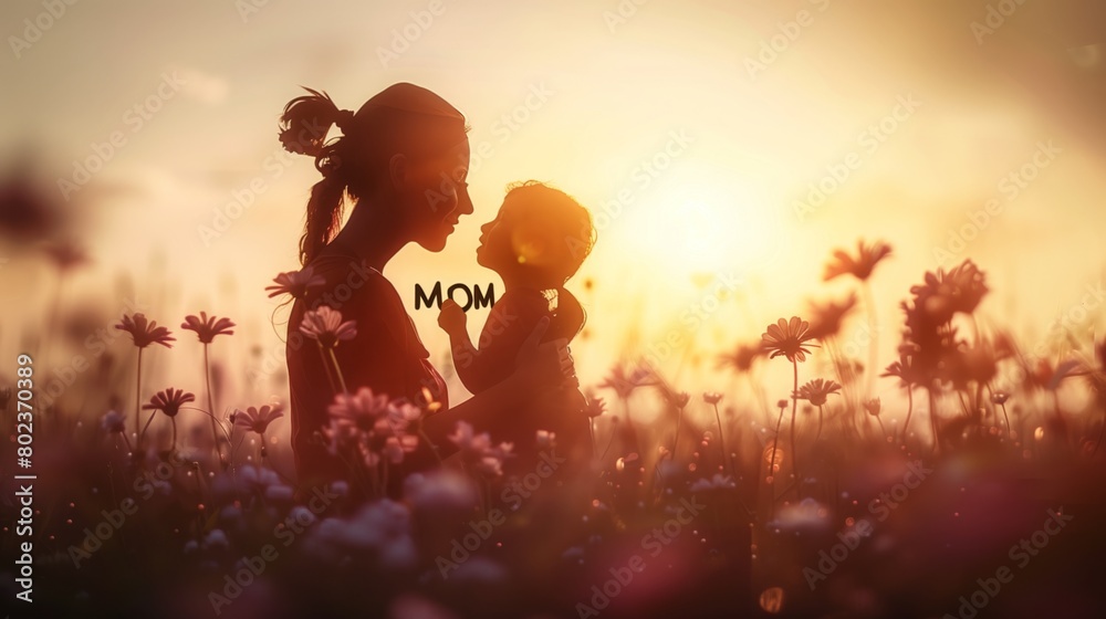 A woman and child enjoy the flowers in the field under the sunset sky