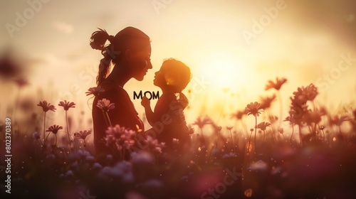 A woman and child enjoy the flowers in the field under the sunset sky