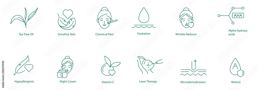 Comprehensive Skincare Icon Set: T3 Oil, Sensitive Skin, Chemical Peel, Hydration, Wrinkle Reducer, Alpha Hydroxy Acid, Hypoallergenic, Night Cream, Vitamin C, Laser Therapy, Treatment