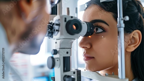 A woman is having her eyes examined with a slit lamp by an optometrist. Created with Generative AI